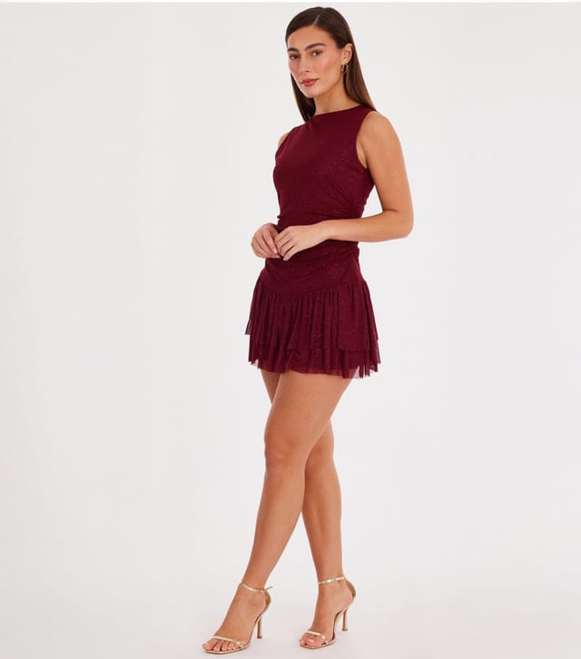 Quiz Women's Dark Red Glitter Mesh Frill Mini Dress Quiz New Look - 2