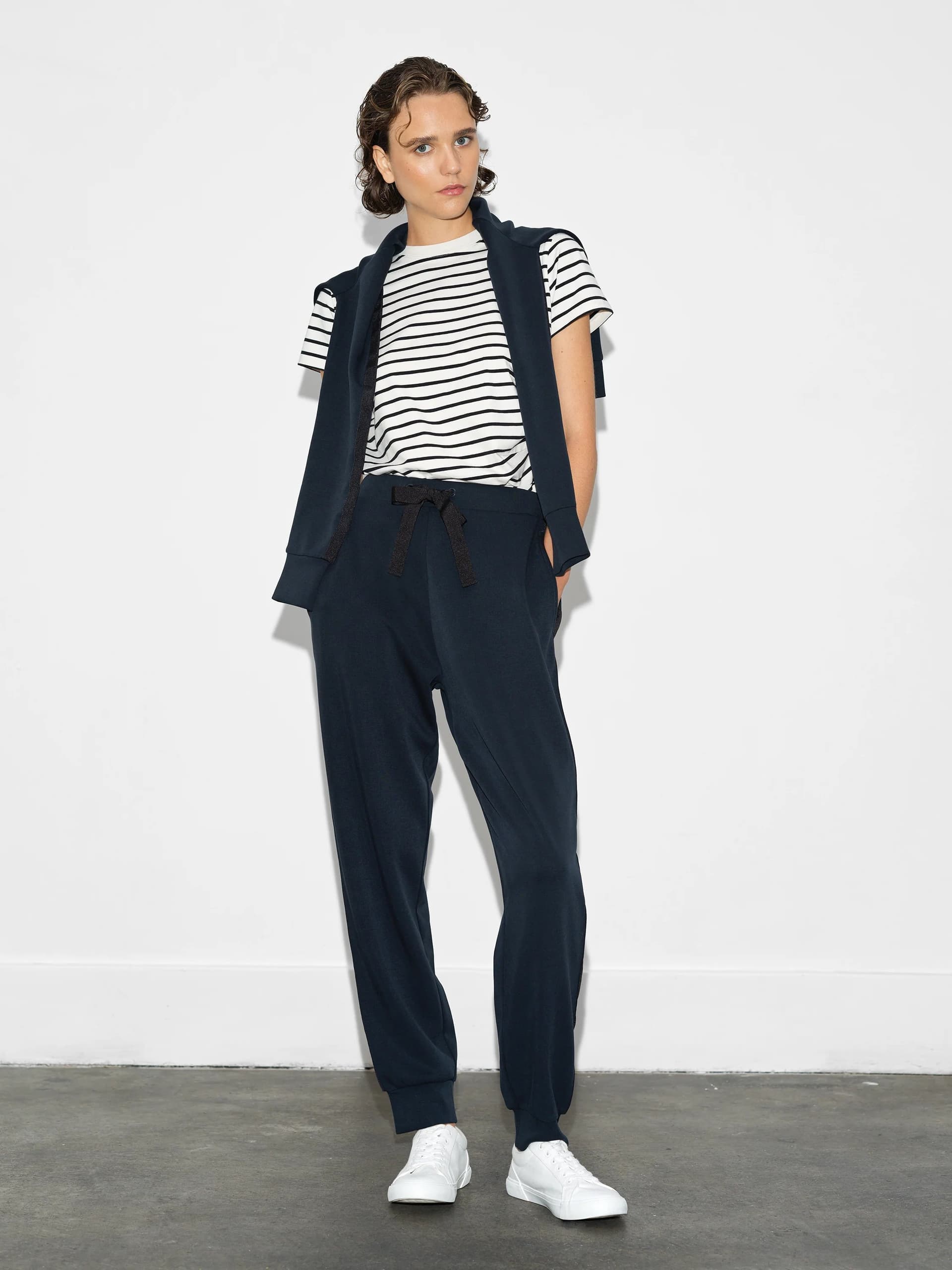 French Connection Wren Side Trim Tie Waist Trousers Navy Black