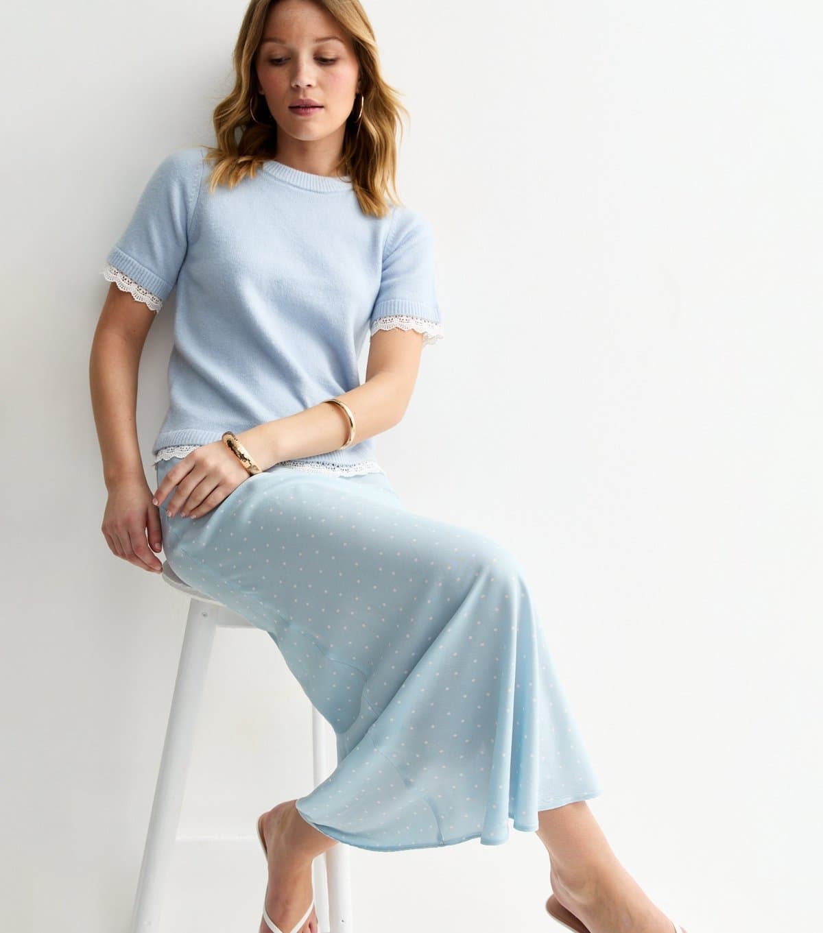 New Look Women's Blue Spotty Bias Cut Midi Skirt New Look