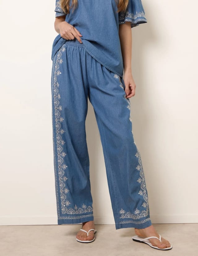 Blue Vanilla Floral Embroidery Wide-Leg Trousers - 2