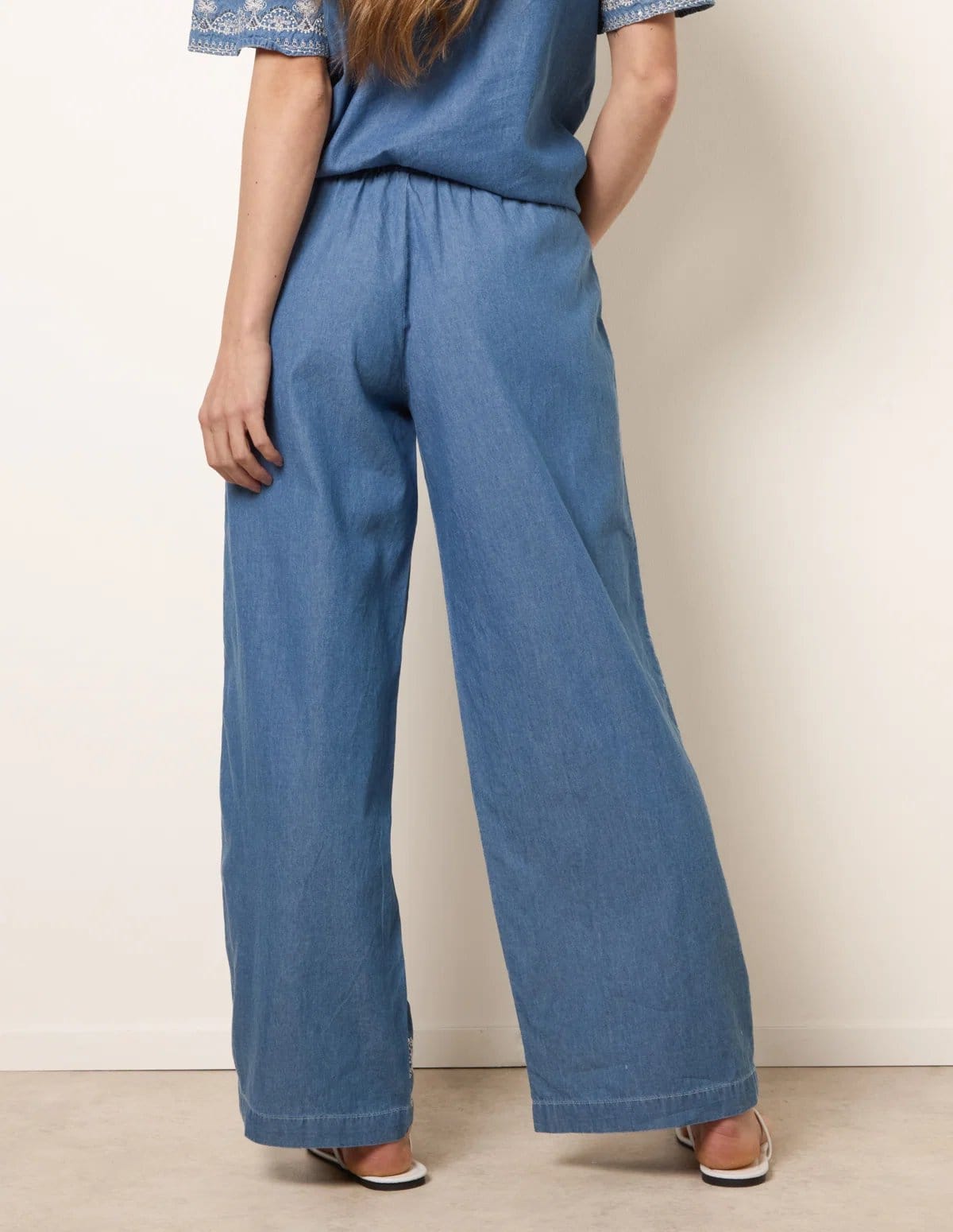 Blue Vanilla Floral Embroidery Wide-Leg Trousers - 4