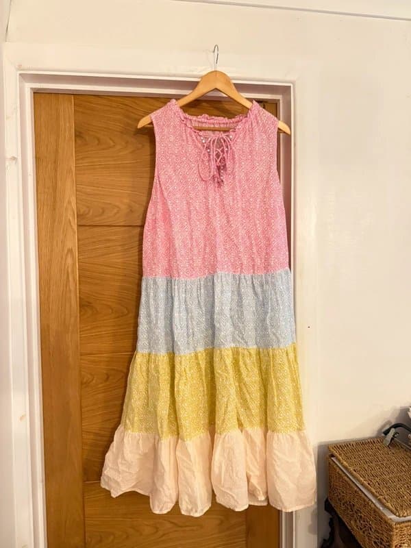 Monsoon Monsoon Cali Pink Yellow Blue Colourblock Cotton Geometric Print Tiered Sleeve Midi Dress