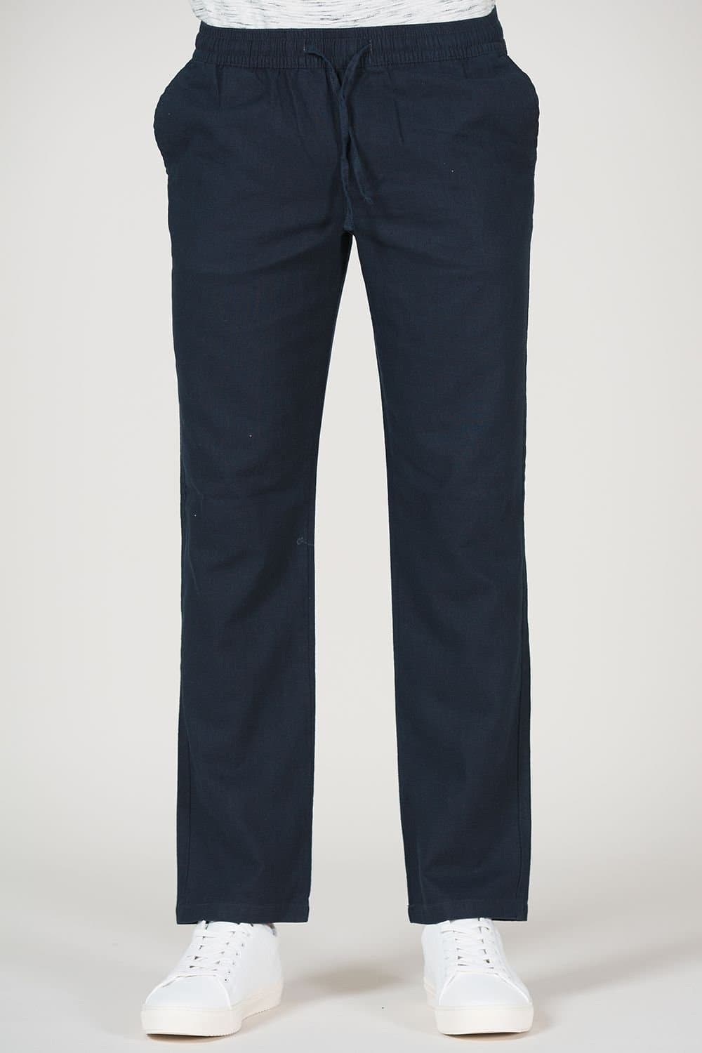 Tokyo Laundry Tokyo Laundry Men's Cotton Linen Drawstring Straight Leg Trousers in Navy