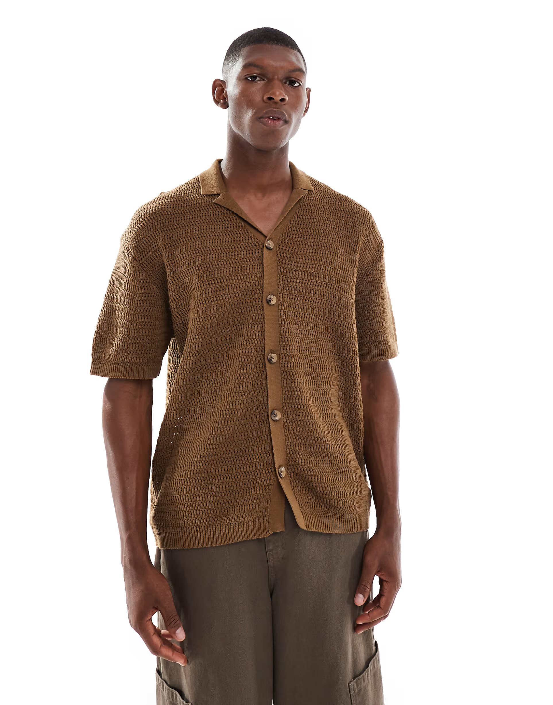 ASOS ONLY & SONS relaxed fit crochet shirt with revere collar in brown - 1