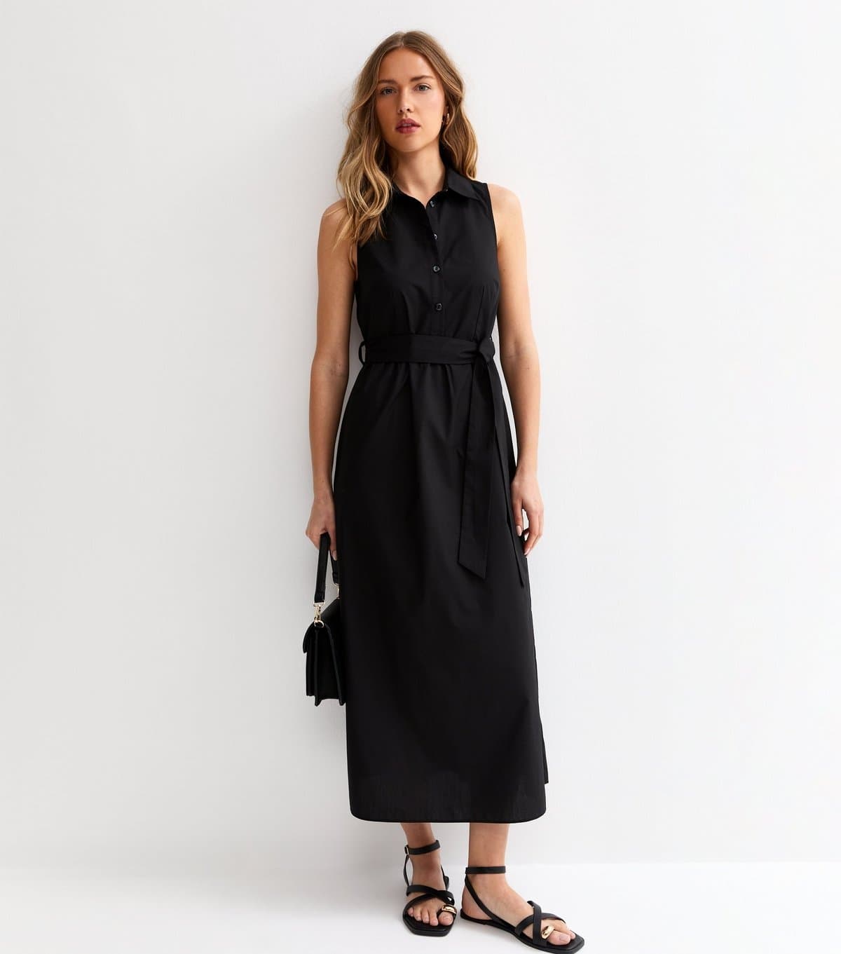New Look Women's Black Sleeveless Button Up Midi Shirt Dress New Look