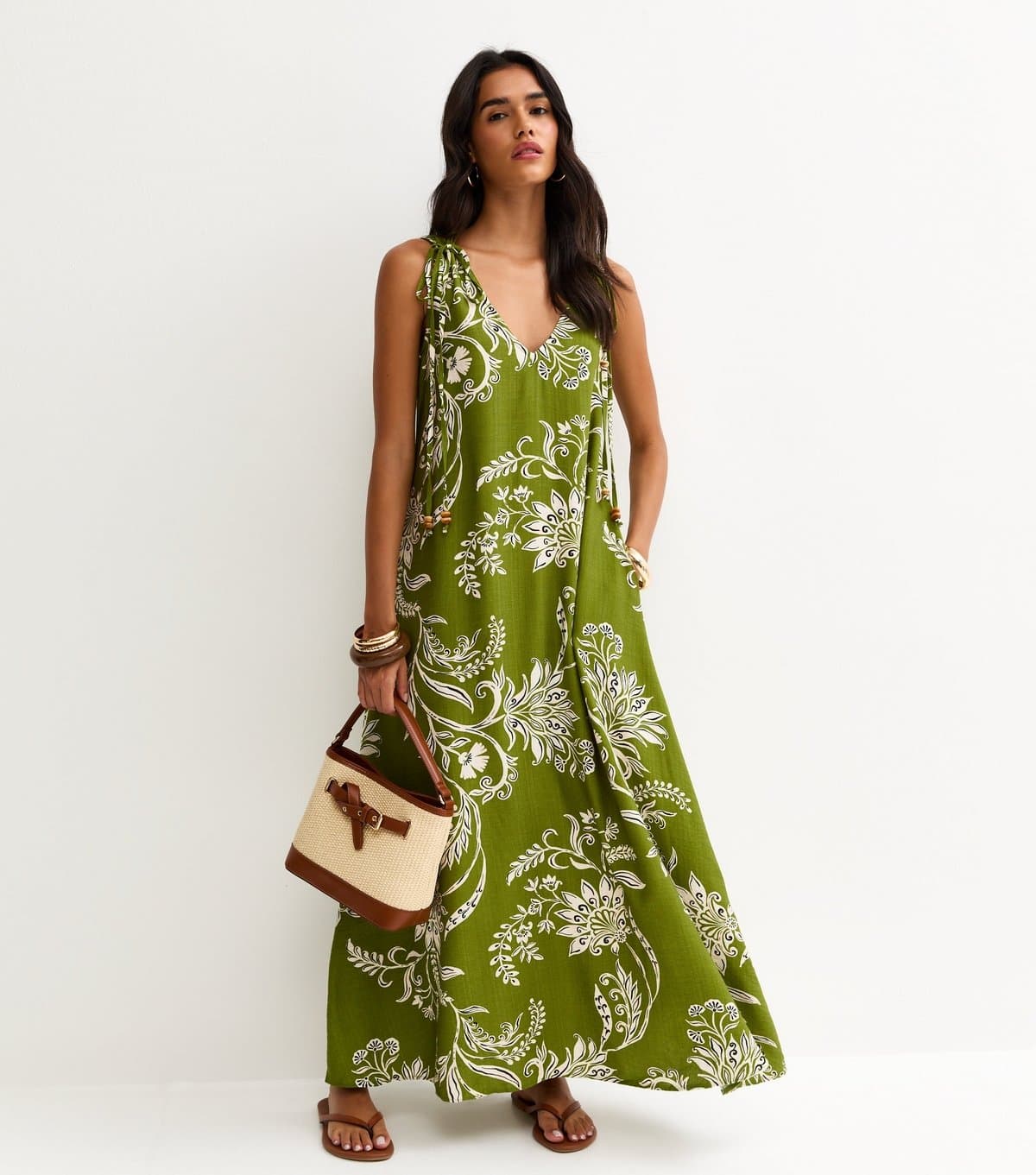 New Look Women's Green Floral Beaded V Neck Midi Dress New Look