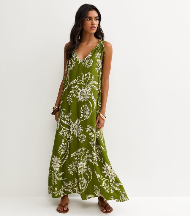 New Look Women's Green Floral Beaded V Neck Midi Dress New Look - 3