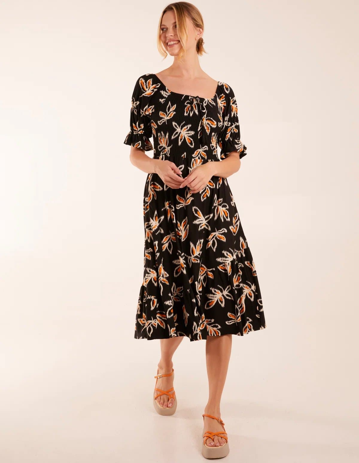 Blue Vanilla Milkmaid Tiered Puff Sleeve Abstract Print Shirred Midi Dress
