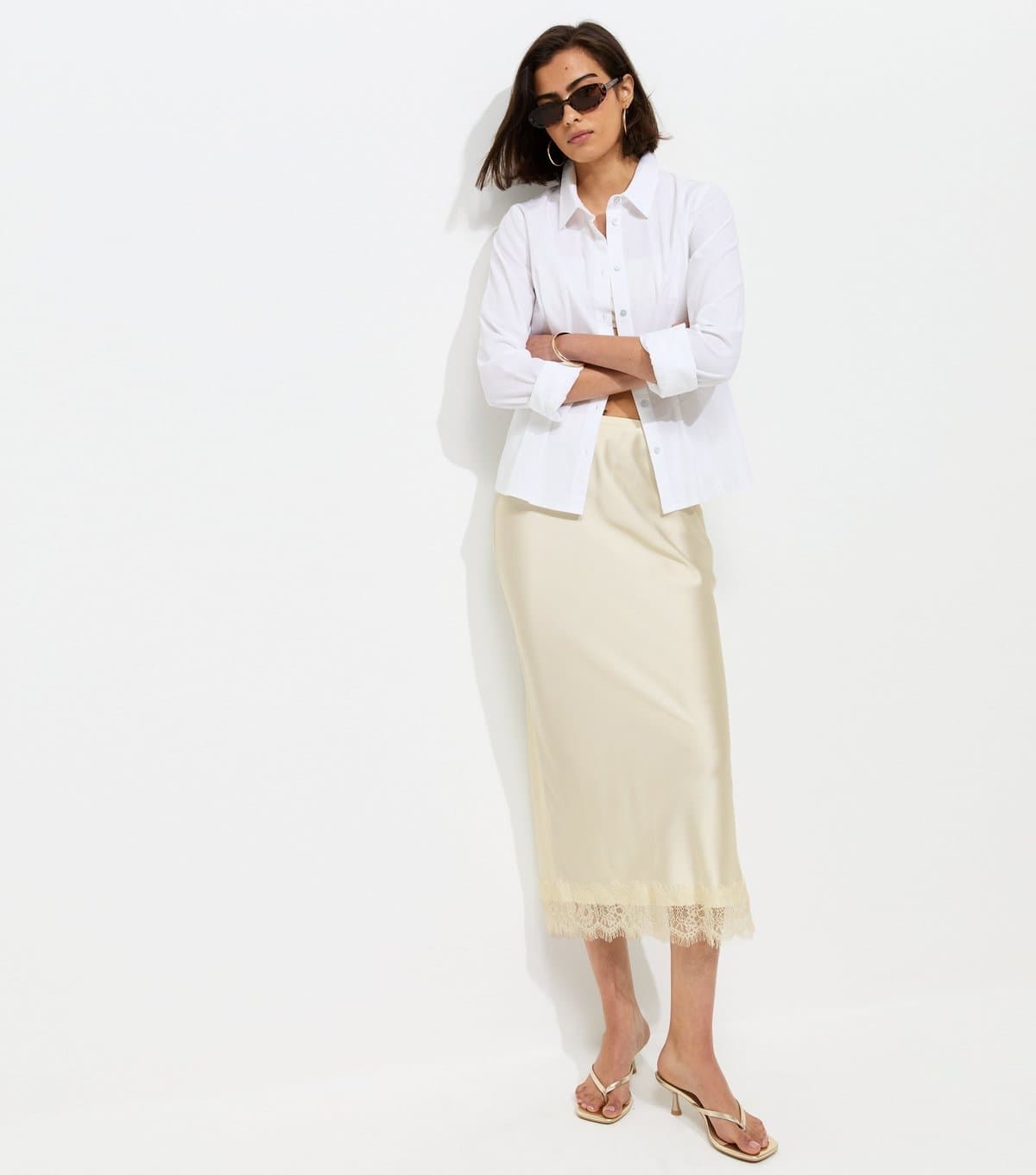 New Look Women's Cream Satin Lace Hem Midi Skirt New Look