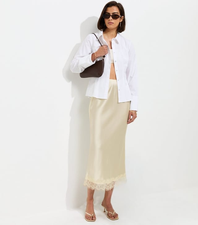 New Look Women's Cream Satin Lace Hem Midi Skirt New Look - 2