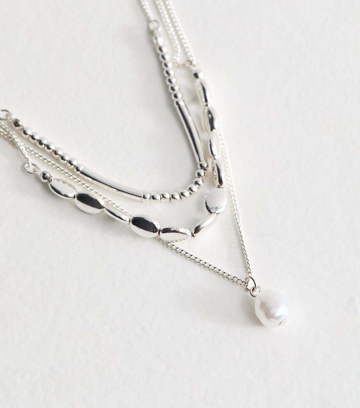 New Look Silver Tone Triple Layer Beaded Faux Pearl Necklace New Look