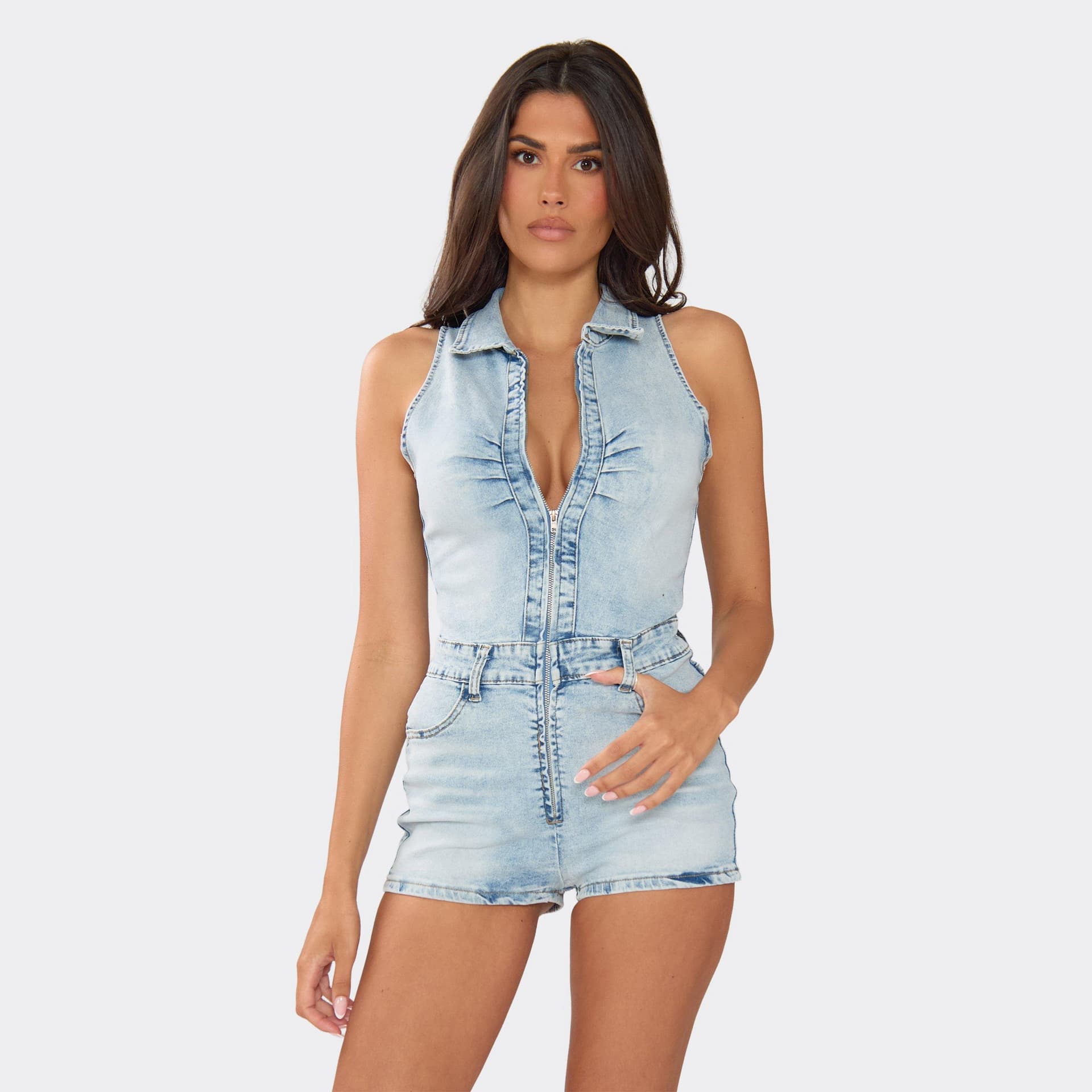 EGO Ruched Zip Up Front Sleeveless Playsuit In Light Blue Denim Wash, Women's Size UK 6