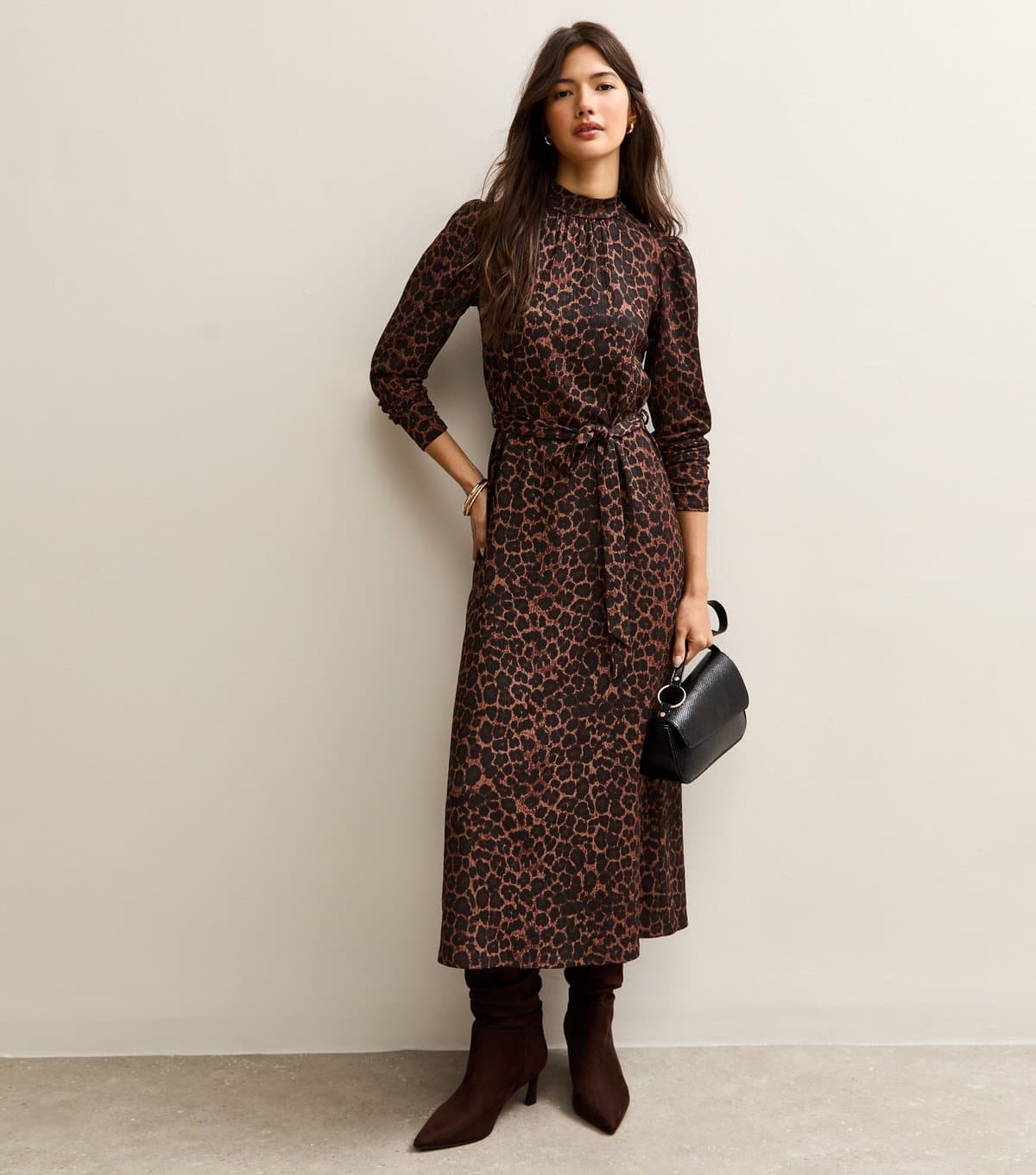 New Look Women's Brown Animal Print High Neck Midi Dress New Look