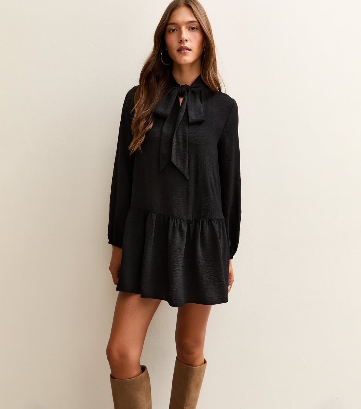 New Look Women's Black Tie Neck Smock Mini Dress New Look
