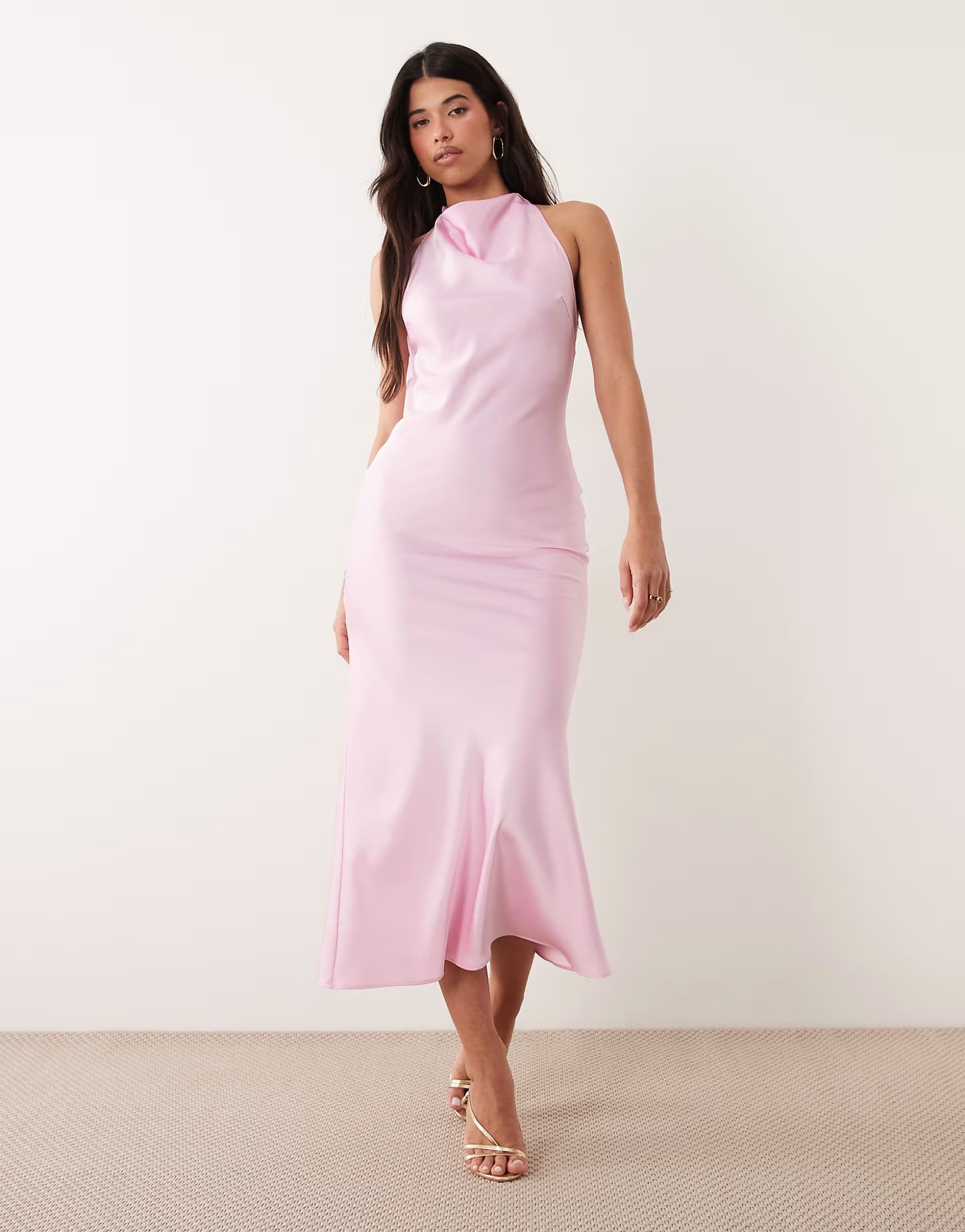 ASOS Kaiia exclusive satin high cowl neck lace back detail maxi dress in baby pink