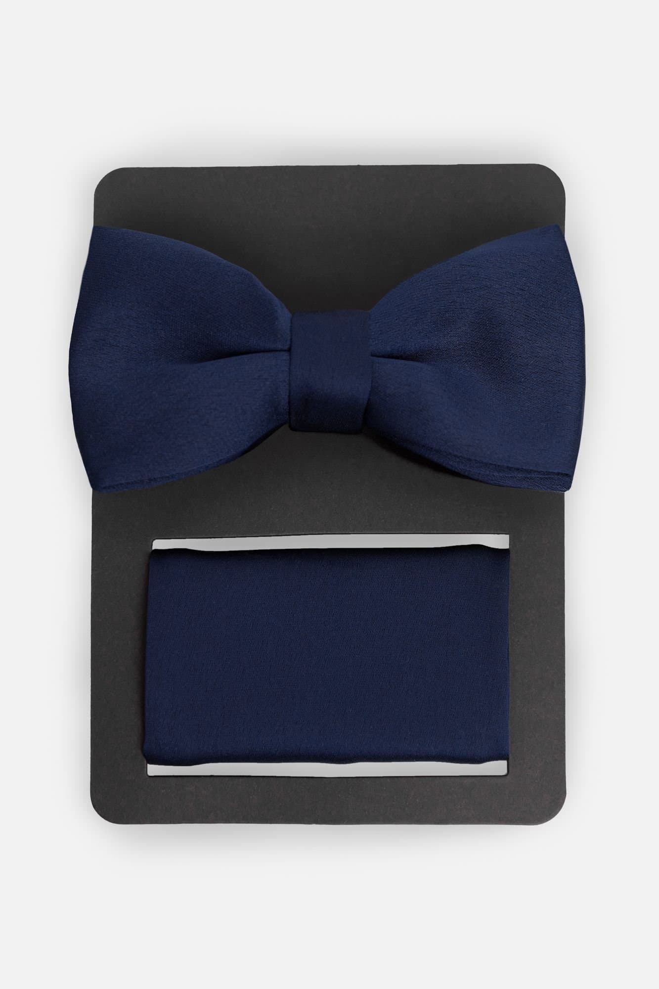Maya Deluxe Maya Deluxe Dark Navy Satin Bow Tie & Pocket Square Set