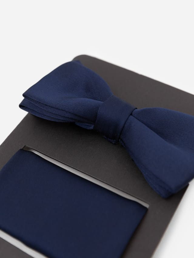 Maya Deluxe Maya Deluxe Men's Satin Bow Tie Pocket Square Set in Dark Navy - 2