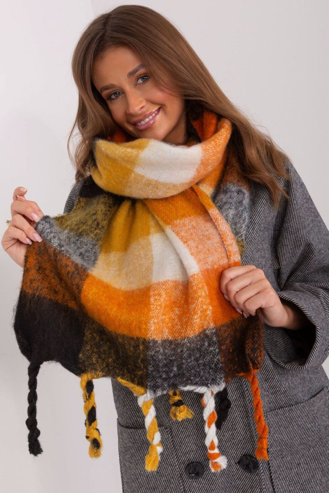 Love Lace Love Lace Women's Long Multicolor Plaid Polyester Tassel Warm Winter Scarf in Orange