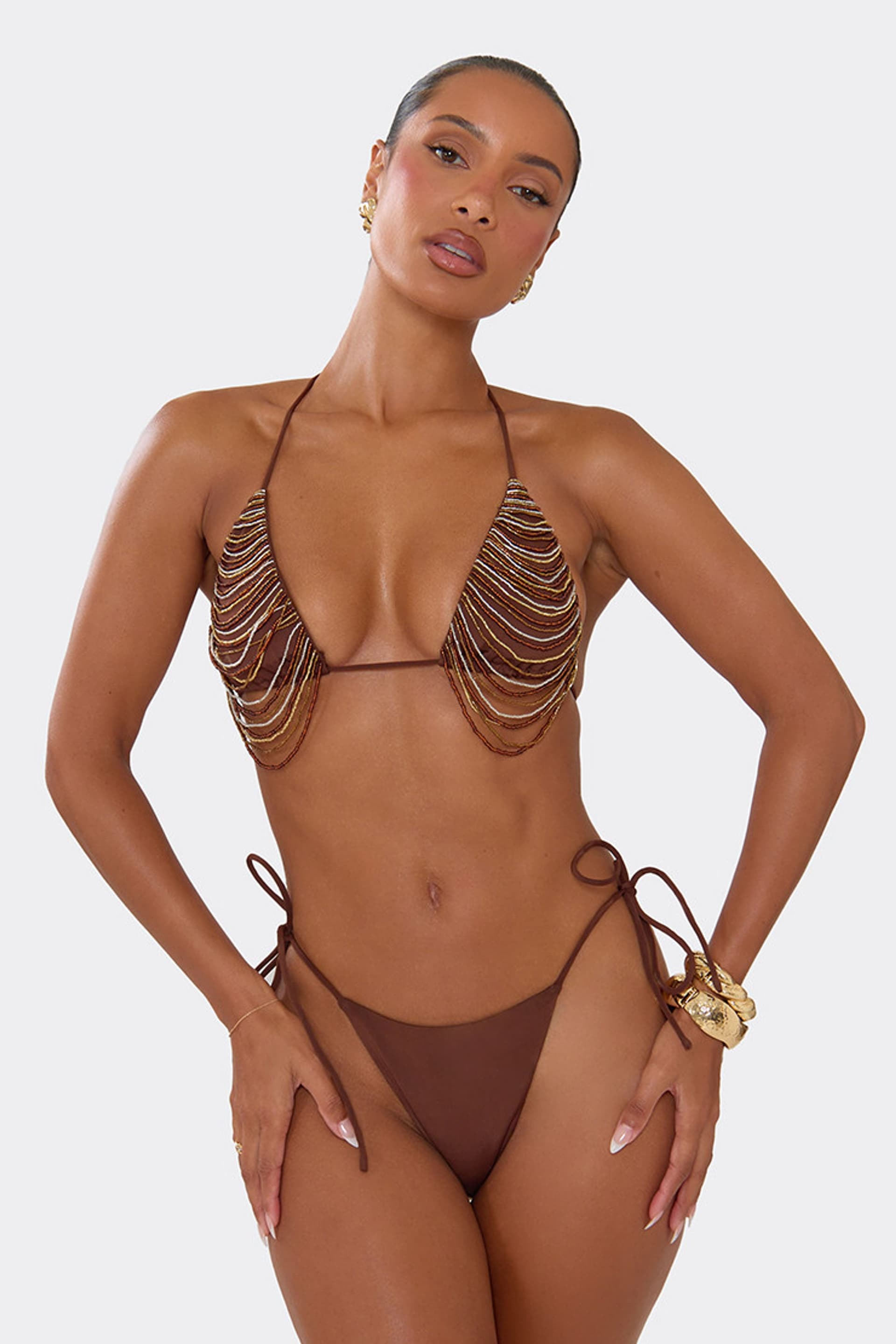 EGO EGO Women's Bead Detail Bikini Set in Dark Brown