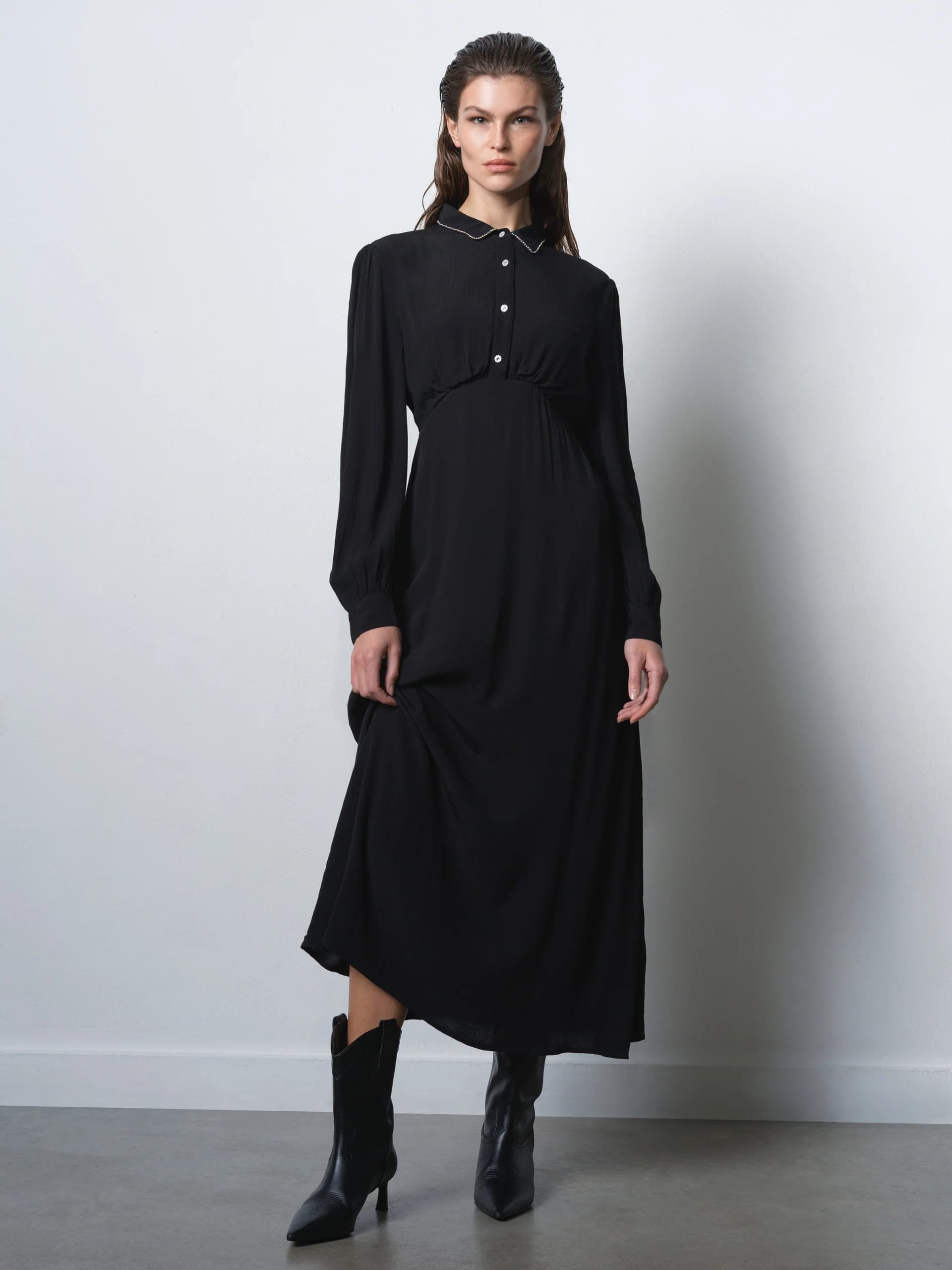 French Connection Lizzy Eco Diamante Collar Midi Dress Blackout