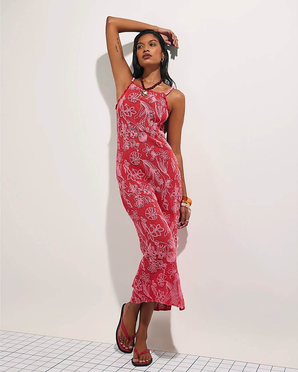 River Island River Island Womens Red Shell Embroidered Crochet Maxi Dress