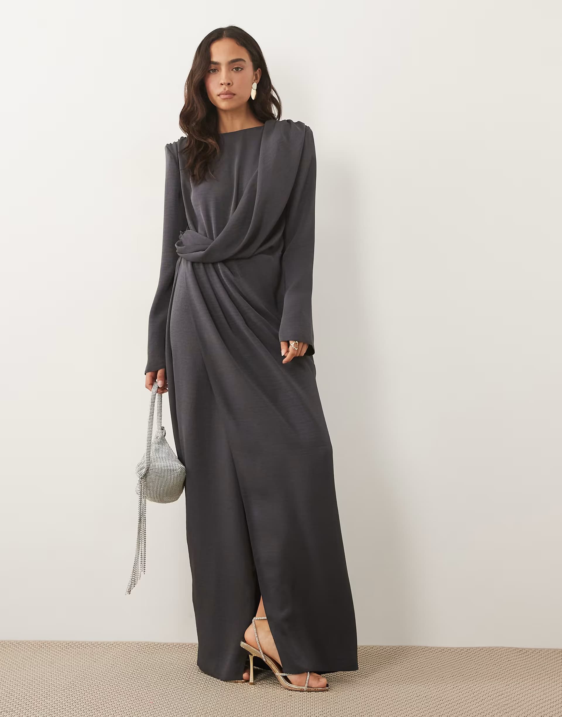 ASOS ASOS DESIGN long sleeve shoulder pad draped waist detail maxi dress in slate grey