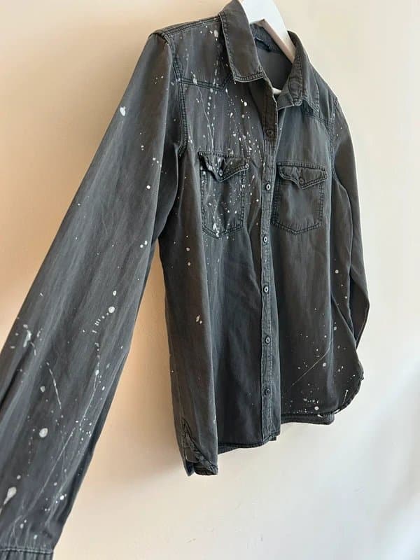 Zara Basic 🖤 ZARA Basic 1975 Denim Grey Paint Splatter Button Up Shirt – Oversized Utility Y2K 🖤