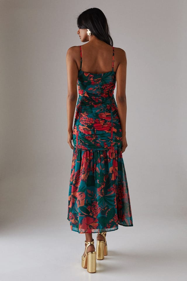 Warehouse Warehouse Women's Chiffon Gathered Channel Strappy Midi Dress in Floral - 3