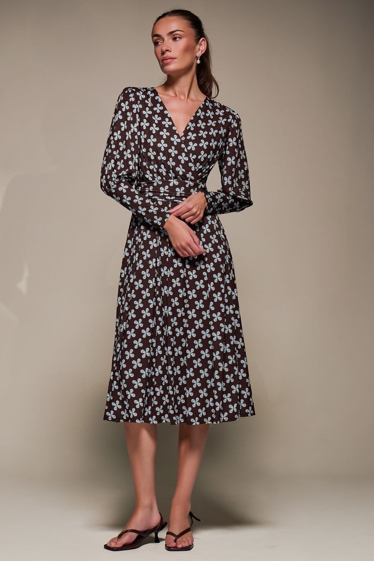 Jolie Moi Jolie Moi Women's Puff Long Sleeve Jersey Midi Dress in Brown - 4