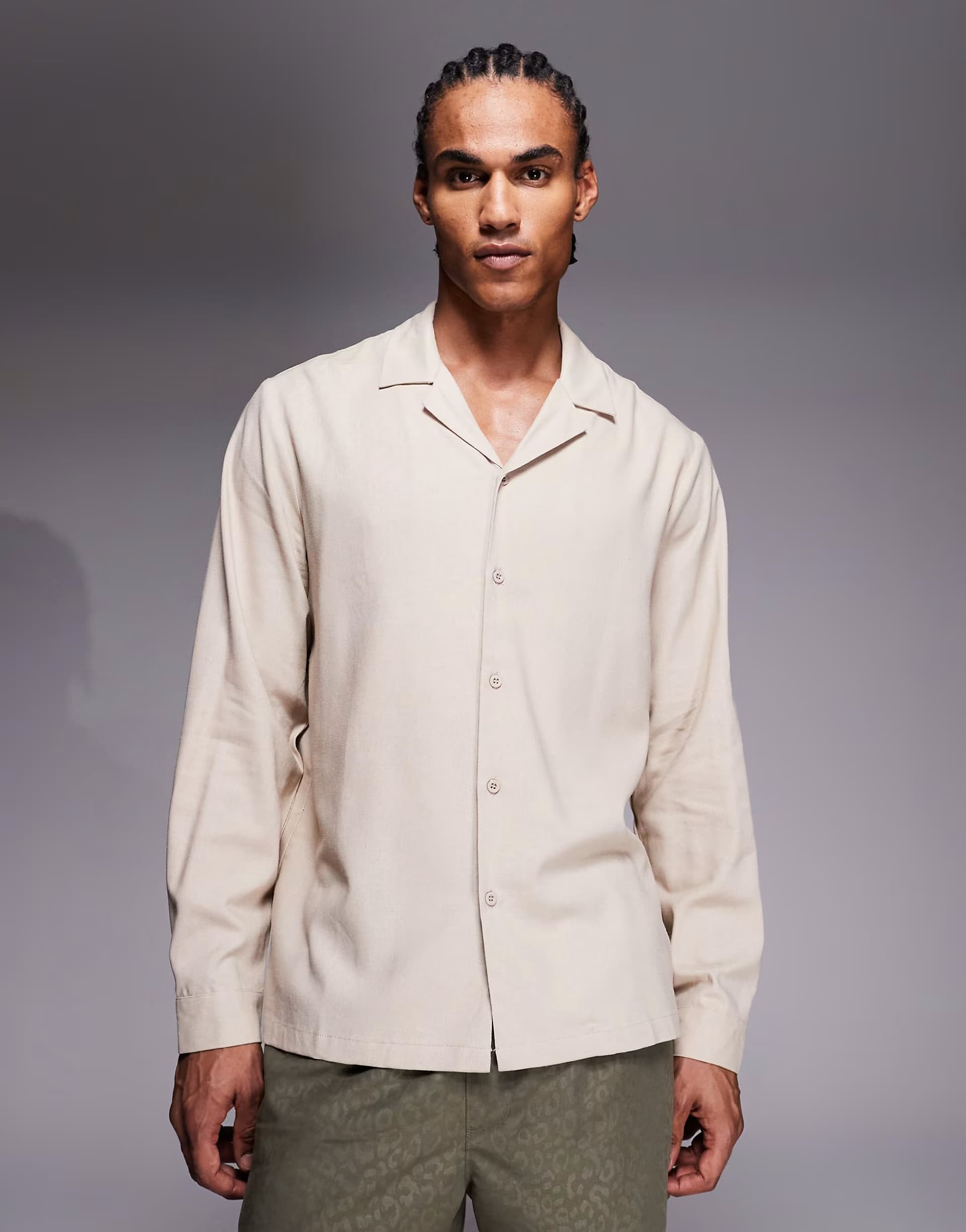 ASOS South Beach long sleeve linen look shirt in beige