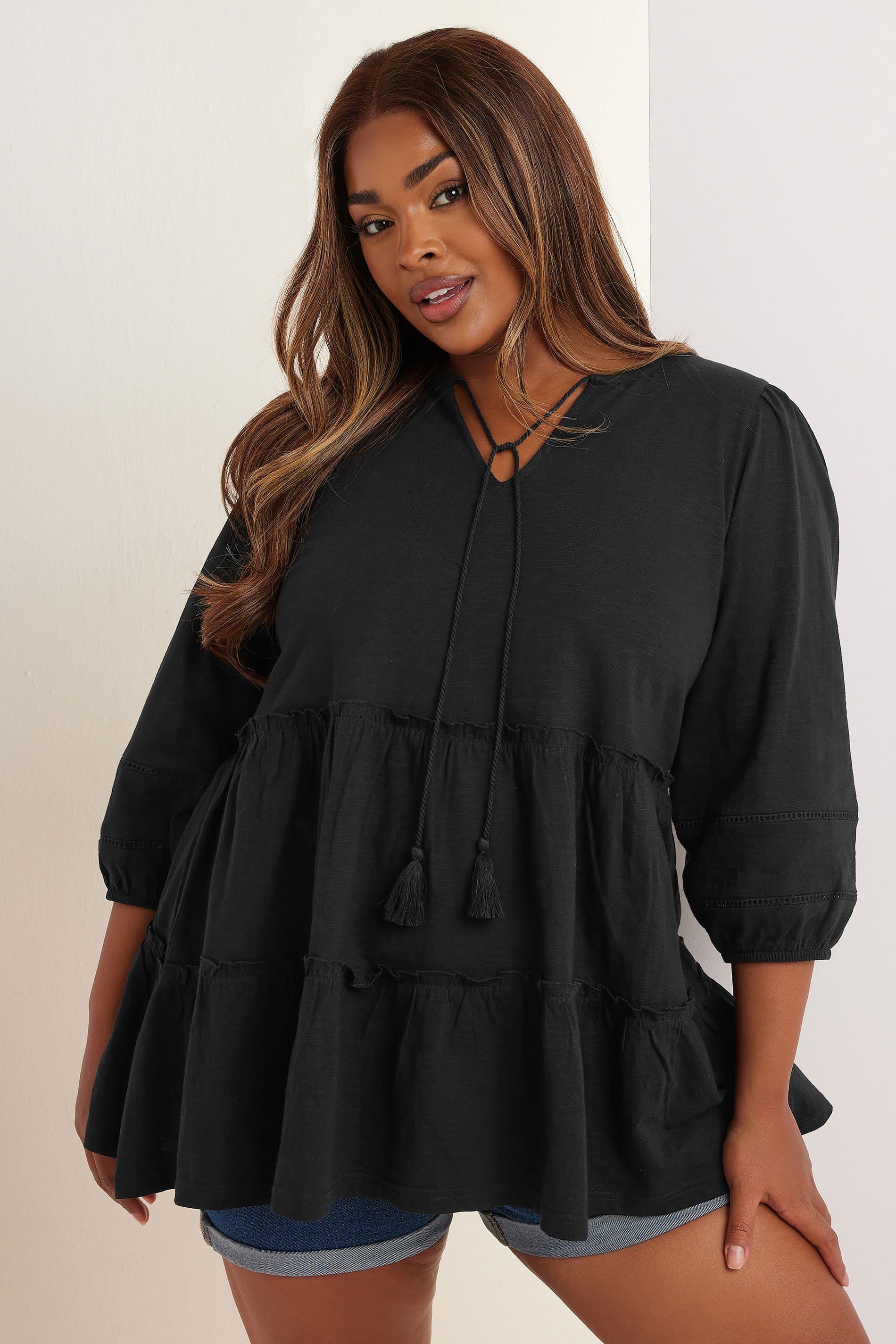 Yours Plus Size Black Cotton Tie Neck Top