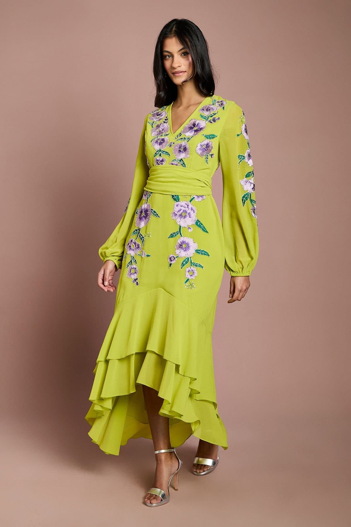 Coast Coast Women's Petite Sequin Embellished & Embroidered Hi-Lo Maxi Dress in Chartreuse