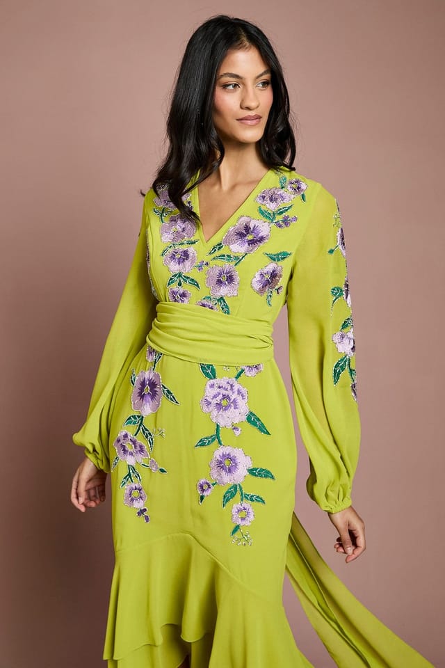 Coast Coast Women's Petite Sequin Embellished & Embroidered Hi-Lo Maxi Dress in Chartreuse - 2