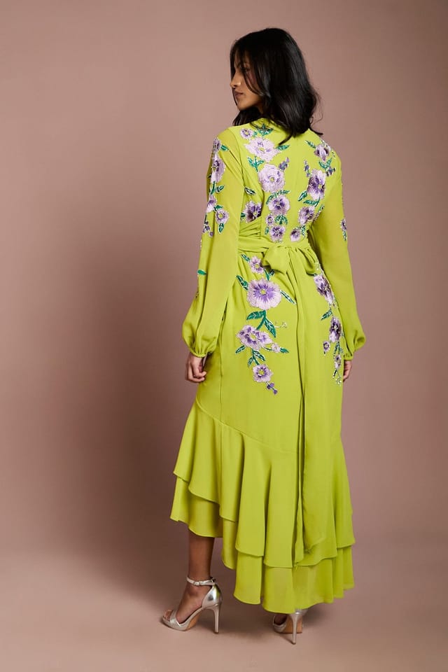 Coast Coast Women's Petite Sequin Embellished & Embroidered Hi-Lo Maxi Dress in Chartreuse - 3