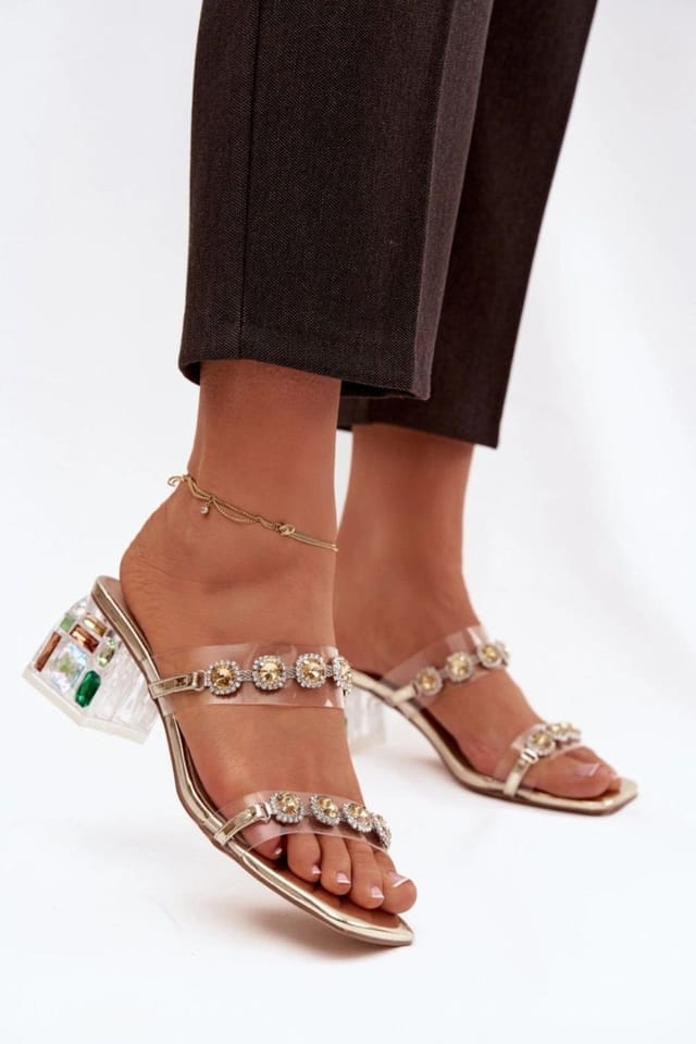 Love Lace Love Lace Women's Zircon Embellished Clear Strap Heeled Sandals for Evening in Gold - 2