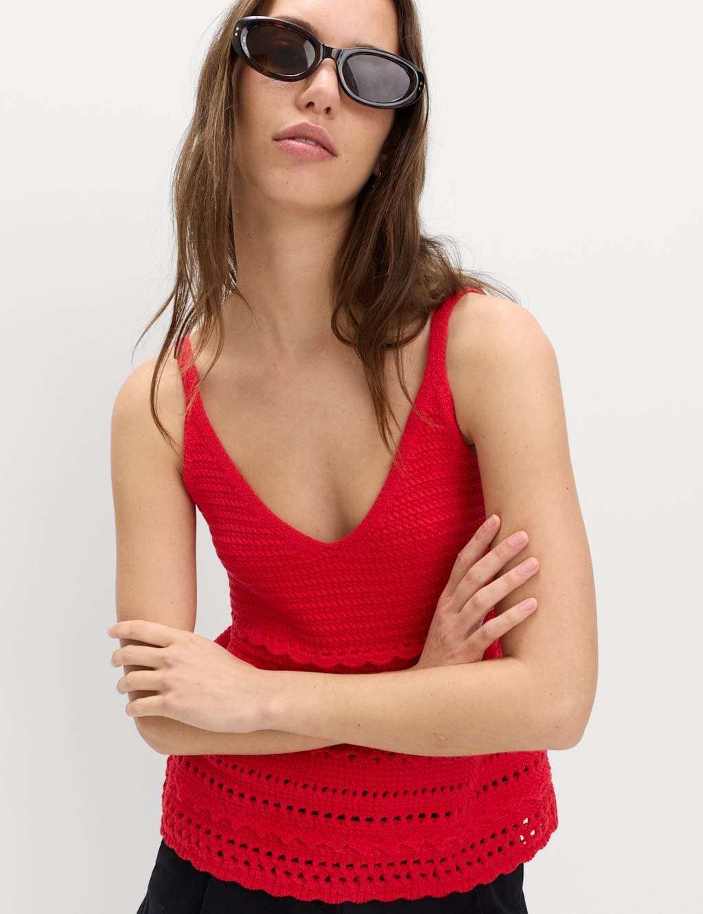 Marks & Spencer M&S Cotton Rich Textured V-Neck Knitted Vest Chilli