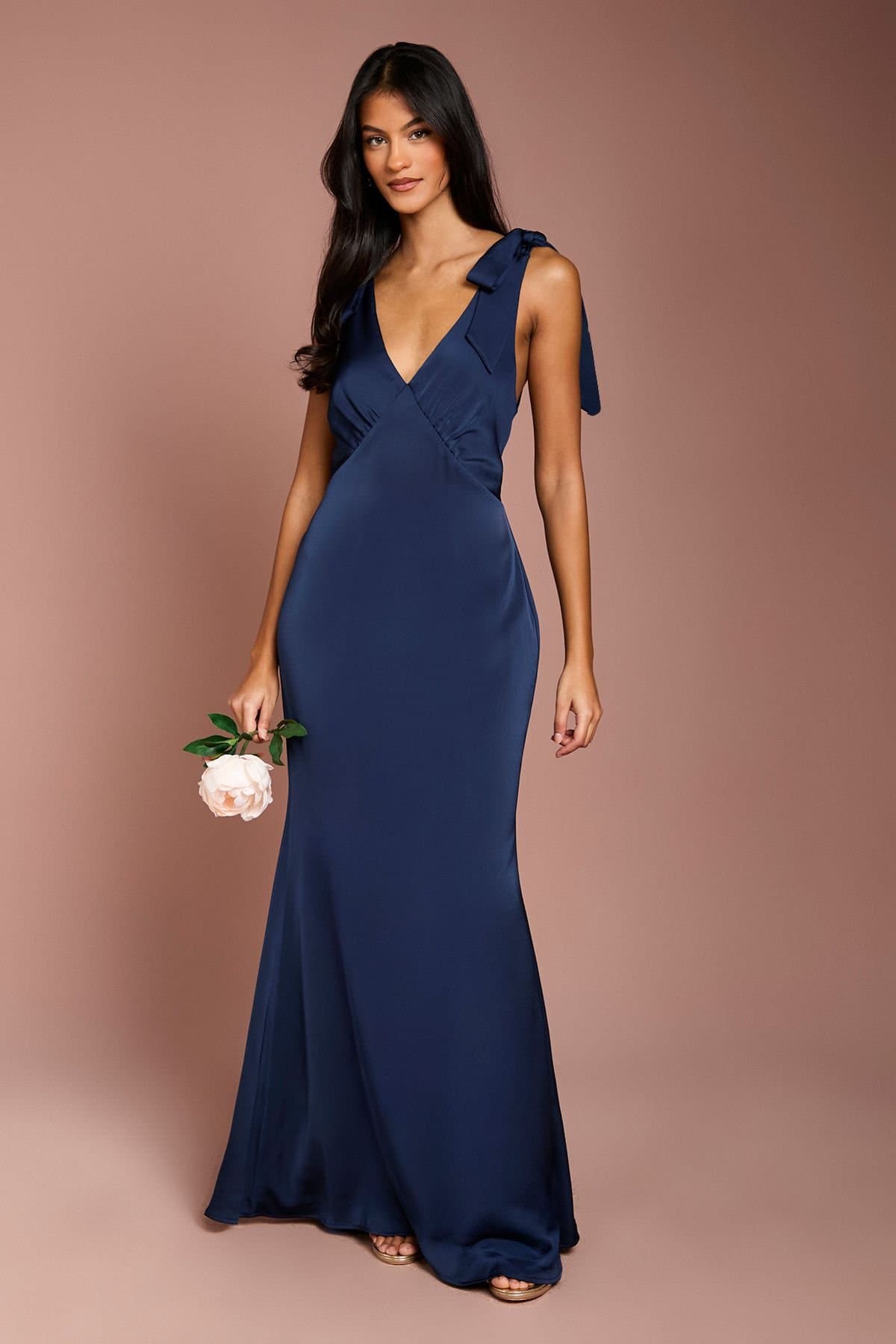 Coast Coast Women's Honoured Petite Satin Back Crepe V Neck Tie Shoulder Maxi Bridesmaid Dress in Navy