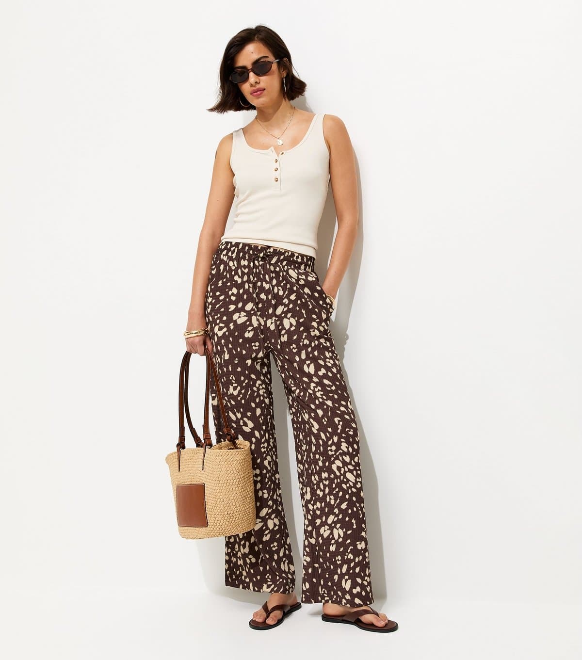 New Look Women's Brown Animal Print Crinkled Wide Leg Trousers New Look