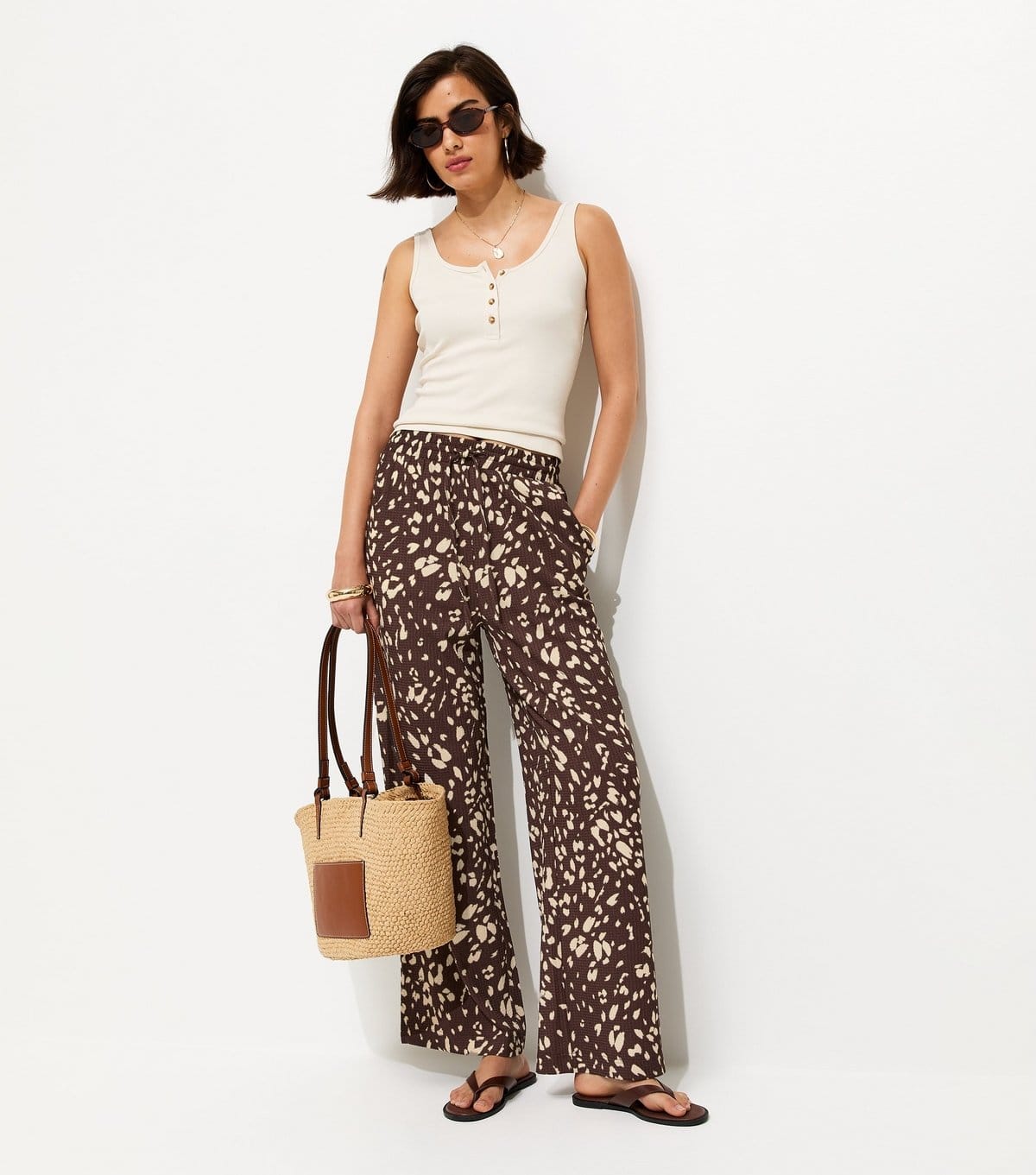 New Look Women's Brown Animal Print Crinkled Wide Leg Trousers New Look - 1