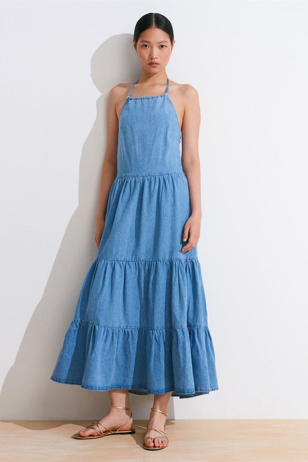 Dilvin Women's Cotton Denim Midi Dress in Mid Blue