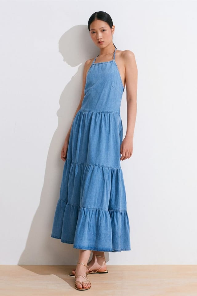 Dilvin Dilvin Women's Cotton Denim Midi Dress in Mid Blue - 3