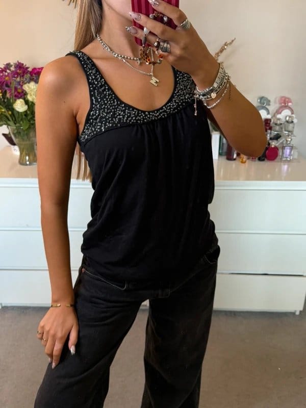 American Eagle American eagle outfitters y2k black beaded elasticated waist cami vest top - 1