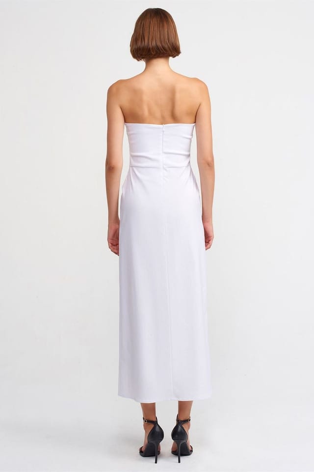Dilvin Dilvin Women's Strapless Fitted Midi Dress With Slit in White - 2