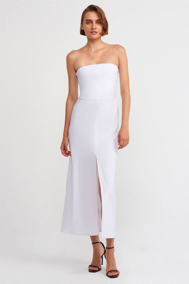 Dilvin Dilvin Women's Strapless Fitted Midi Dress With Slit in White - 3