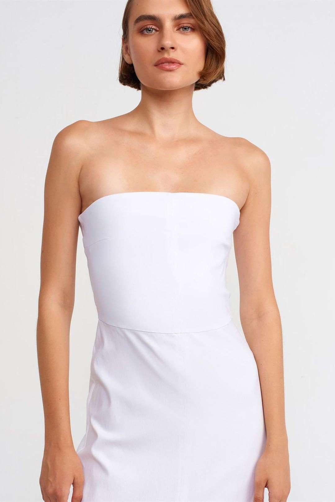 Dilvin Dilvin Women's Strapless Fitted Midi Dress With Slit in White - 4