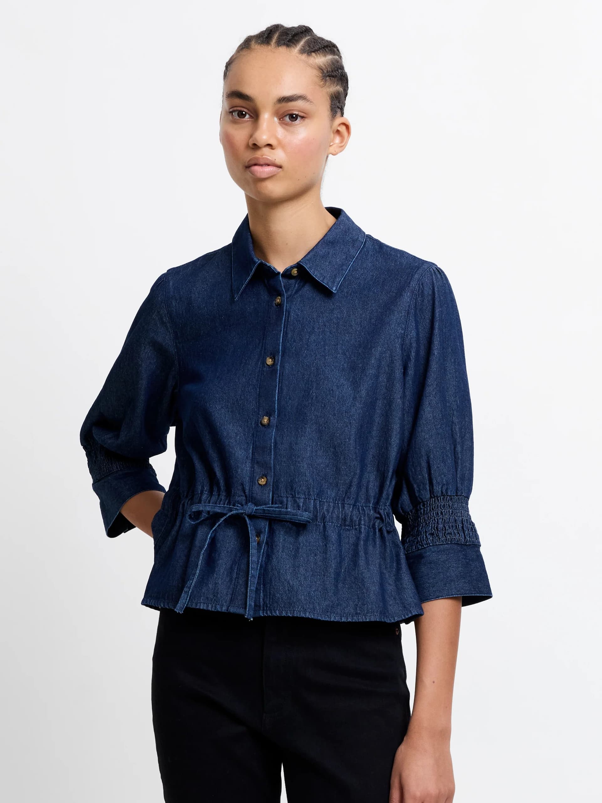 French Connection Dark Blue Chambray Tie Waist Shirt Clean Indigo