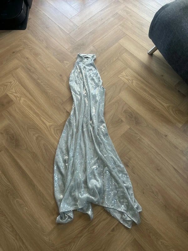 Bershka Silver Sequin Halter Neck Midi Dress