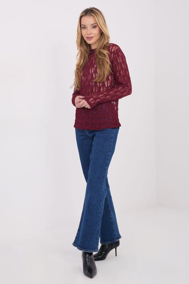 Love Lace Love Lace Women's Elegant Lace Long Sleeve Boat Neck Blouse Style 222757 in Burgundy - 2