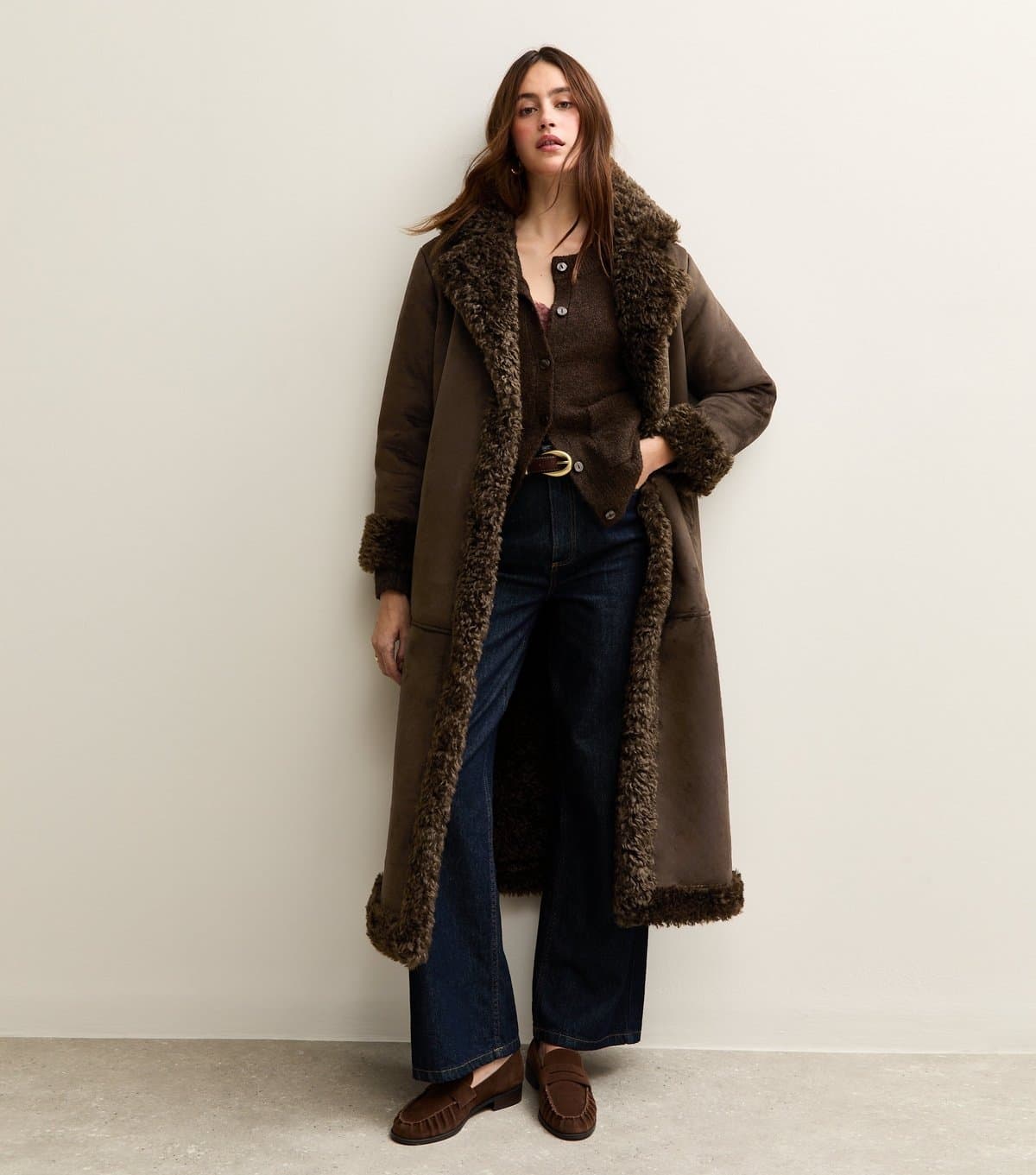 New Look Women's Brown Bonded Faux Fur Trimmed Faux Suede Coat New Look