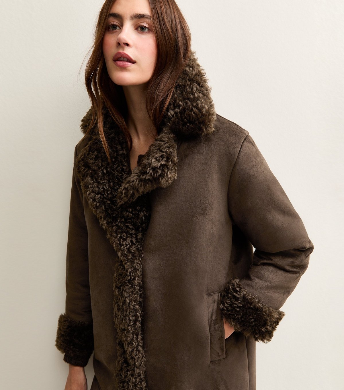 New Look Women's Brown Bonded Faux Fur Trimmed Faux Suede Coat New Look - 2